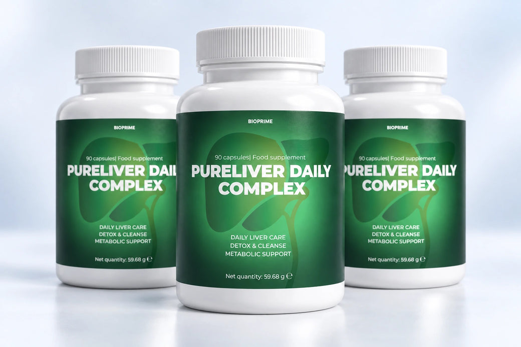 Trzy opakowania PureLiver — pełna 90-dniowa kuracja.