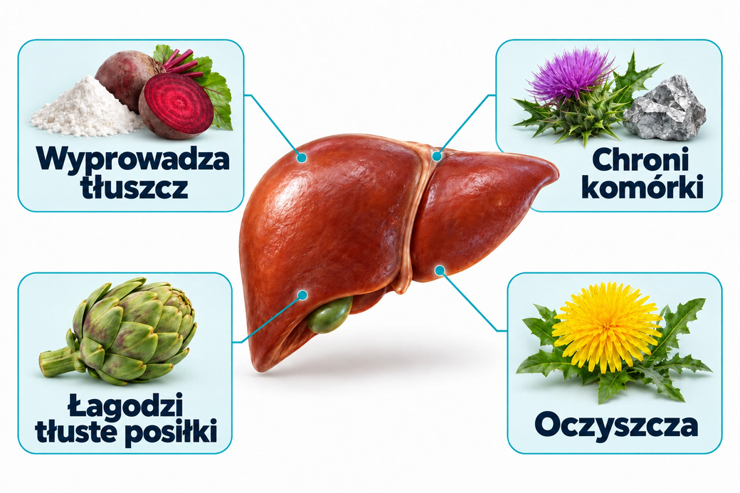 Cztery działania PureLiver: wyprowadza tłuszcz, chroni komórki, ułatwia trawienie tłustych potraw, oczyszcza.