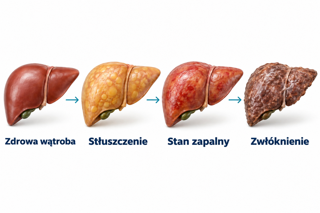 Etapy: wątroba zdrowa, stłuszczona, w stanie zapalnym i zwłóknienie.